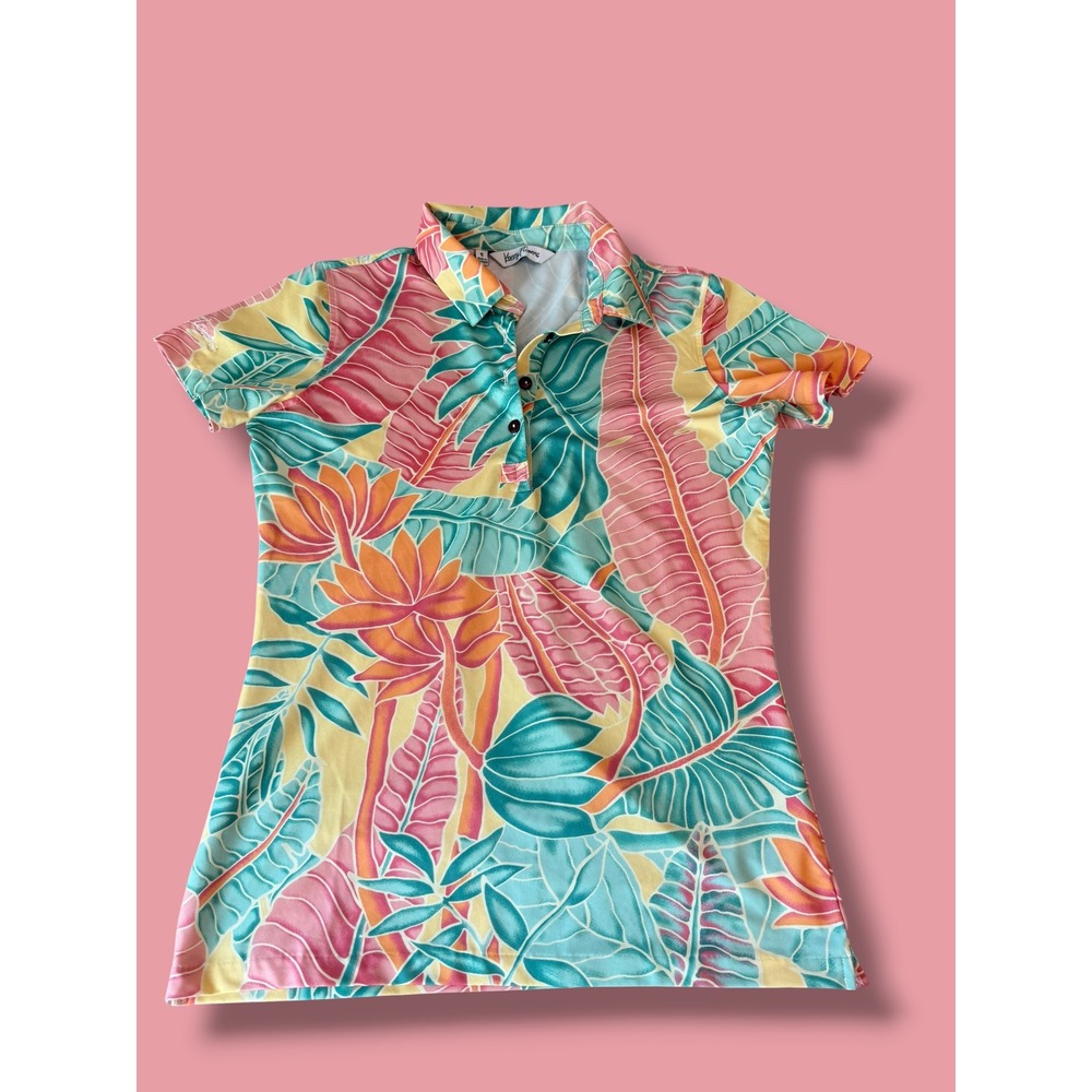 Kenny Flowers Womens Tropical Floral Golf Polo Shirt Pink Teal Size Small